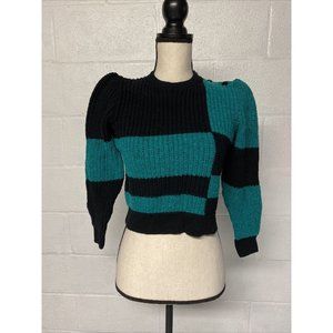 Wayne St. John Knit Vintage 1980's Crop Sweater Teal Blue Black Puffed Shoulder